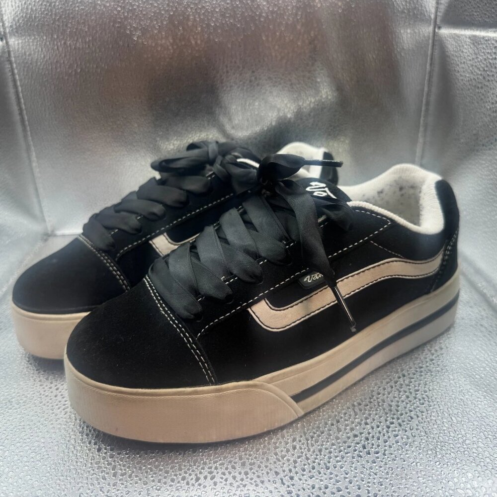 Size 8.5 Vans Original Black White Womens Leather‎ Skateboard Platform Sneakers